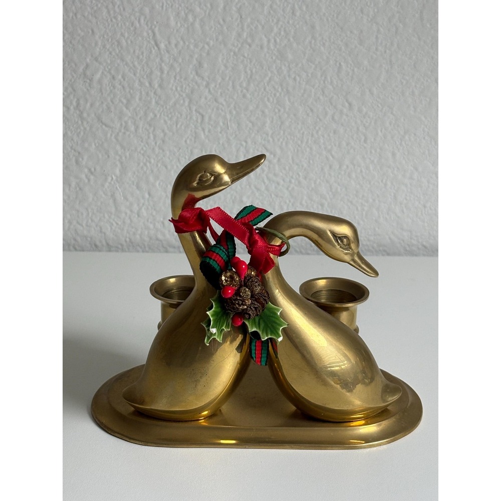 Vintage Brass Swan Candle Holder Double Bird Christmas